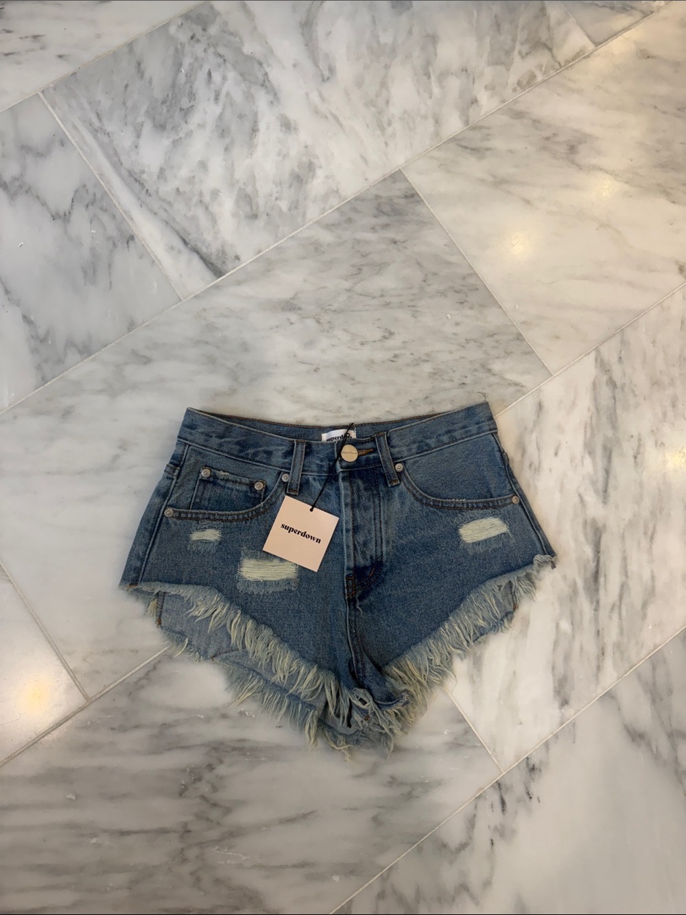 superdown Distressed Frayed Hem Denim Shorts - Blue